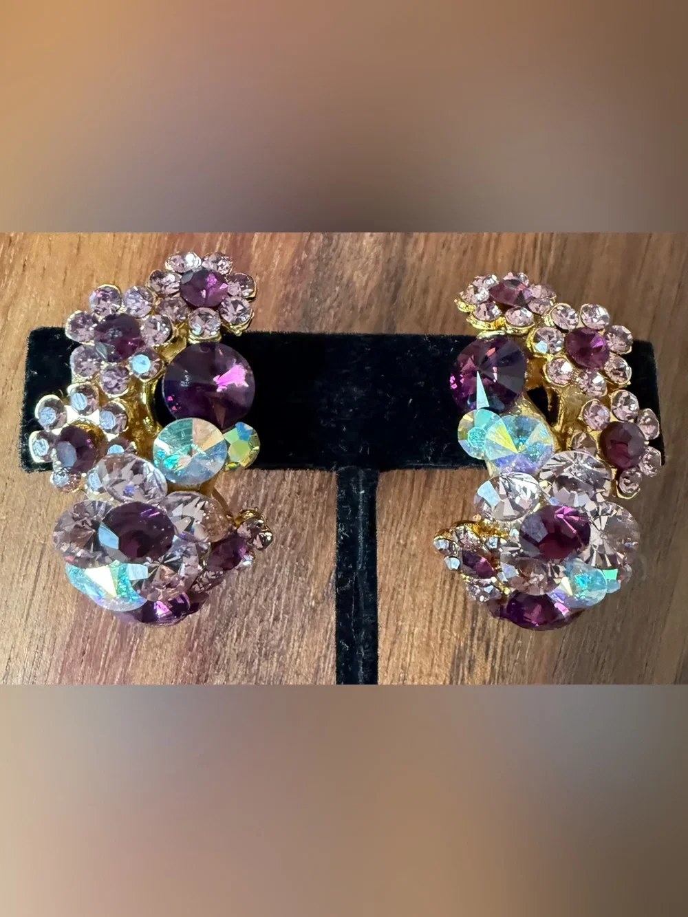 Vintage Gold-Tone Clip-On Earrings with Purple Aurora Borealis AB Rhinestone